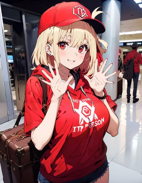 Nishiki Shiho , Nishiki Castle Senri,Alone, bangs,   blond hair with shoulder-length,  red eyes,Red hair ribbon ,  One Side Up, long hair,Baseball hats,smile,Big Breasts,blush, mouth,Oversized red hoodie, denim micro shorts ,Bare legs, Bbo~, suitcases, sta...