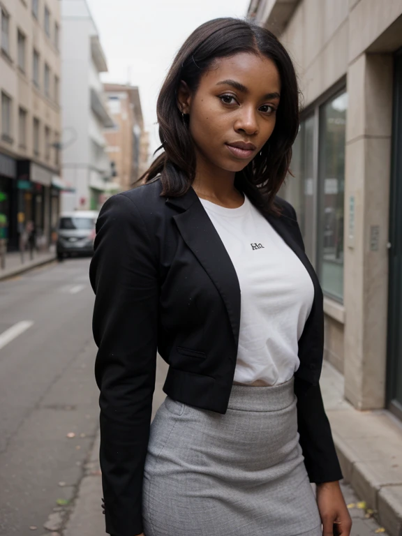 African black woman, very dark ebony skin, dreadlocks chignon, Fitness musclular body, grey business suit skirt, street, close-up portrait