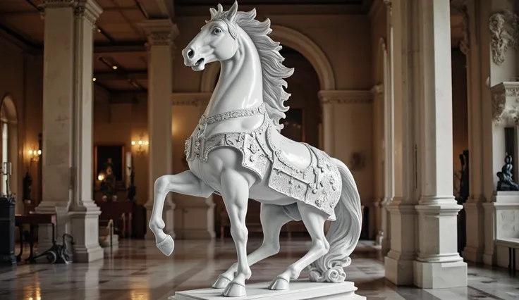 (best quality, 128k,highres,masterpiece:1.2),ultra-detailed,(realistic,photorealistic,photo-realistic:1.37), ((masterpiece)) ((photography)) ((Highest quality))  white marble statue of a powerful warhorse, sculpted in a classical style, displayed in a gran...