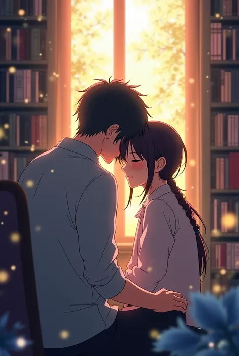 A girl and a man are sitting at a table in the library. The man has his back turned and his face is not visible, but the girl's face is visible, smiling with her eyes closed. Anime style