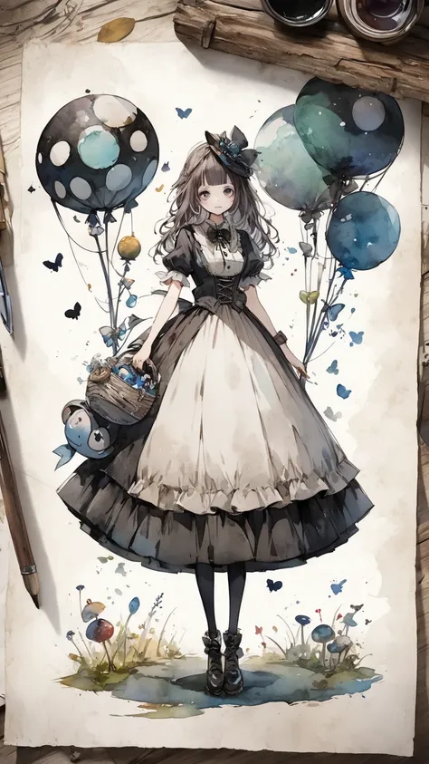   Tim Burton Style 、  Watercolor touch、Rustic、 quality、   character design 、Alone,   Wonderland 、