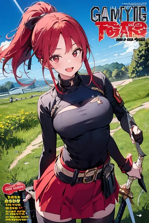 (from below:1.2,   top quality ),   girl ,   sysdeep_marina, long hair, red hair, ponytail, sidelocks, hair ribbon, golden red eyes, armored bodysuit, brown belt, red skirt, thighhighs, 1girl, solo, smile, open mouth, cheerful, sword, holding sword, poses,...