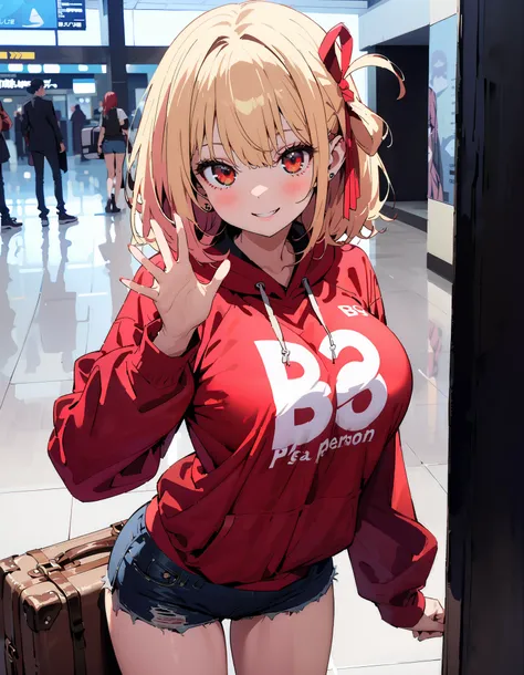 Nishiki Shiho , Nishiki Castle Senri,Alone, bangs,   blond hair with shoulder-length,  red eyes,Red hair ribbon ,  One Side Up, long hair,Baseball hats,smile,Big Breasts,blush, mouth,Oversized red hoodie, denim micro shorts ,Bare legs, Bbo~, suitcases, sta...