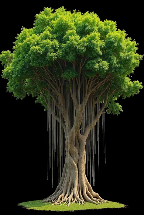 Image is a high-resolution, detailed photograph of a large banyan tree with a lush, dense canopy of vibrant green leaves. The tree's trunk is thick and sturdy, with numerous aerial roots hanging down, creating a curtain-like effect. The roots are long, thi...