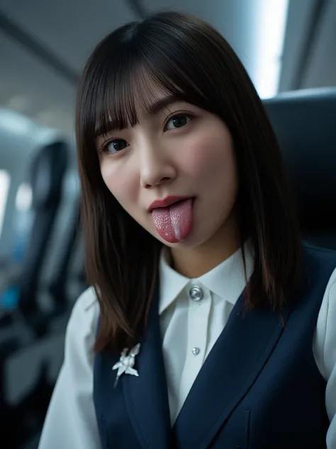  image according to the rules below , (((Japanese  woman with black hair))), Her age is 25, ((( cabin attendant sitting on a chair on an airplane))),  she sticks out her tongue sloppily ,  is arguing,(( dripping from her hair :1.2)),((  dripping from her n...