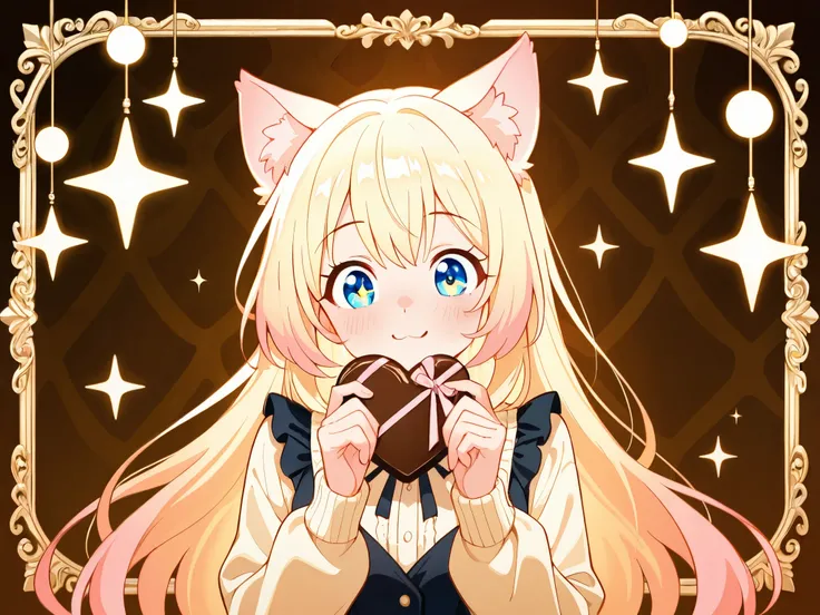 A digital artwork of a cute girl with cat ears holding a Valentine's chocolate, set against a magically sparkling background. The atmosphere is warm and dreamy, with soft golden and pink hues illuminating the scene. The girl's expression is warm and inviti...