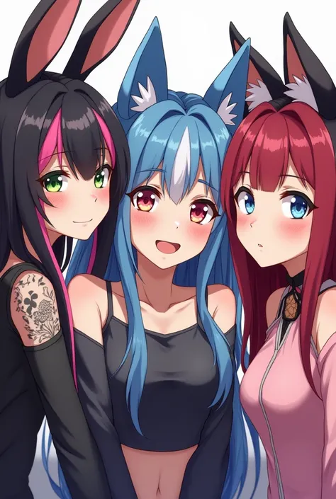 3 friends, An adult rabbit woman with long black and pink hair with green eyes and tattoos, a woman with cat ears, long blue and pink hair with one blue eye and one pink eye on her left, and a woman with cat ears, long red and black hair, blue eyes on her ...