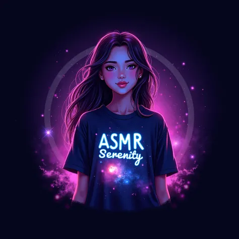 This is a logo on which the name ASMR SERENITY is written in futuristic neon purple and blue colors, with the image of a beautiful young positive girl on a T-shirt with a space print.