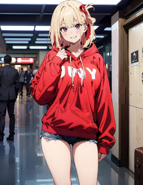 Nishiki Shiho , Nishiki Castle Senri,Alone, bangs,   blond hair with shoulder-length,  red eyes,Red hair ribbon ,  One Side Up, long hair,smile,Big Breasts,blush, mouth,Oversized red hoodie, denim micro shorts ,Bare legs, Bbo~, suitcases, standing,whole bo...