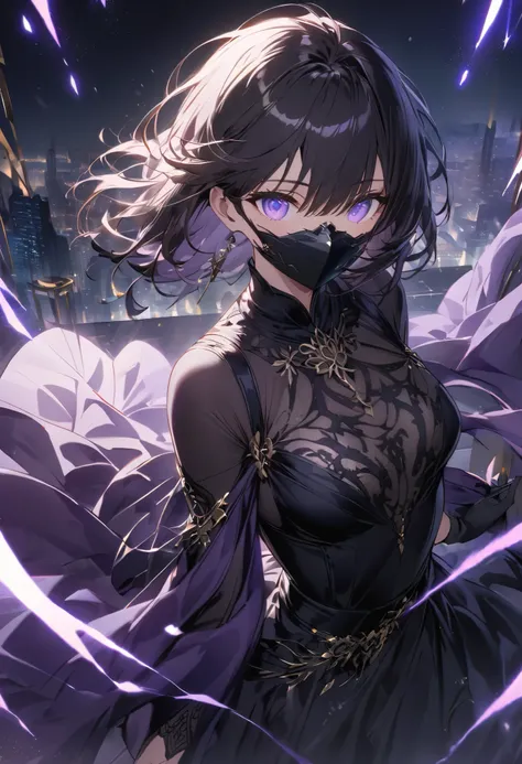 Please generate an anime character of a girl. She is a thief and firmly wears a black mask with a simple yet sophisticated design. This black mask covers the lower half of her face, with large openings for the eyes. It is made from lightweight, durable mat...