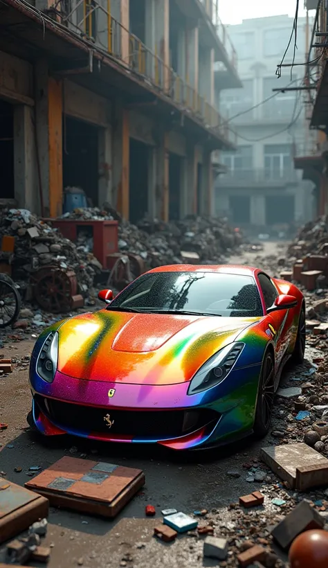 Rainbow Ferrari in trash