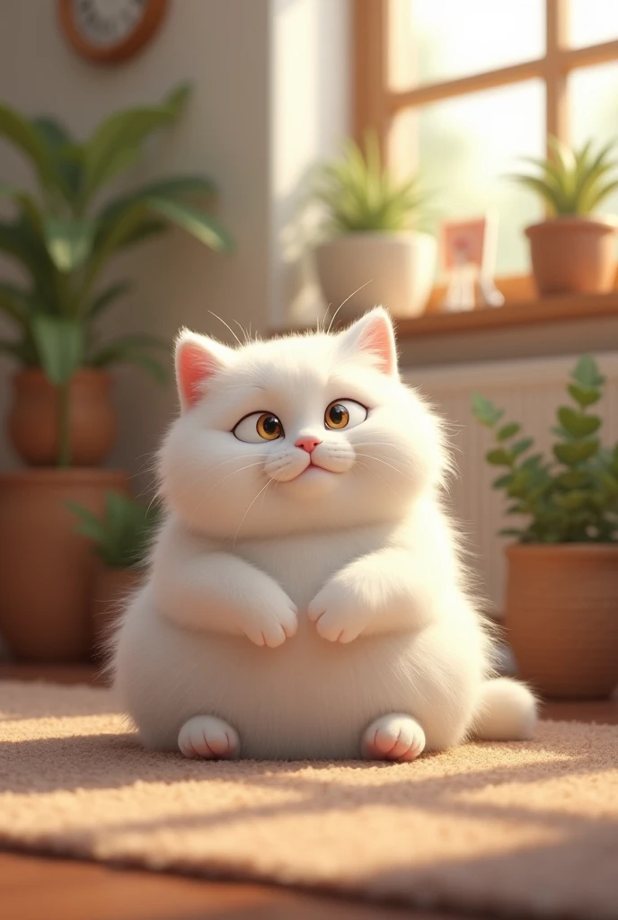 A fluffy white cat sits happily in a warm home.give me 3d animation 