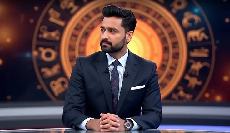 charismatic Indian actor in a stylish suit, sitting behind a news desk, reading a horoscope bulletin on live television. The backdrop features zodiac signs and a glowing astrological chart. Professional studio lighting and a serious yet engaging expression...