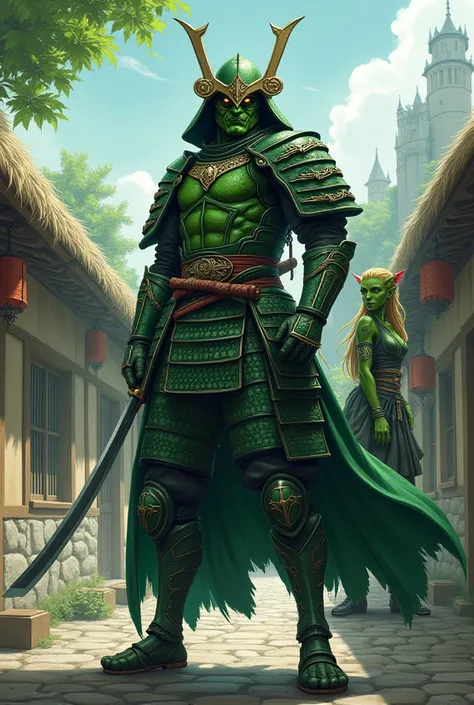 Green goblin samurai and female goblin green warrior lowered, em uma vila medieval 

Checkpoint
Illustrious-Semi realistic Anime
