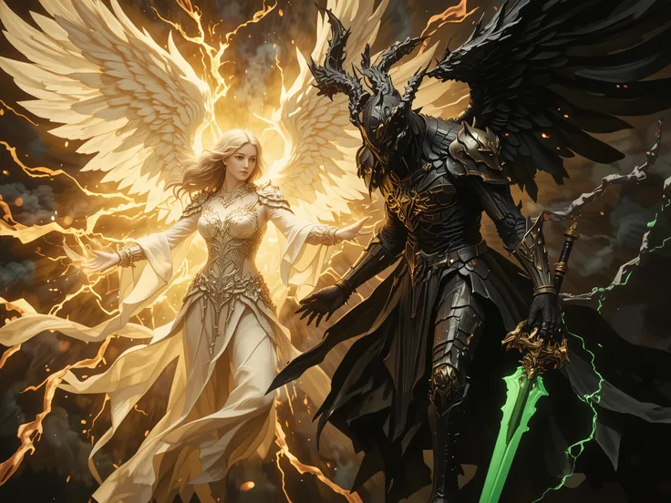 Argus and Rafaela: The Light and the Fallen"
"A celestial battlefield where light and darkness collide. Rafaela, the angel of healing, glows with divine golden energy, her radiant white wings spread wide as she reaches out with compassion. Opposing her, Ar...