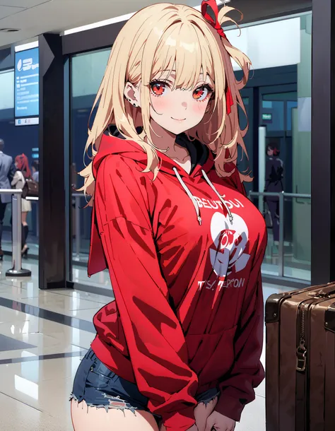 Nishiki Shiho , Nishiki Castle Senri,Alone, bangs, blond hair with shoulder-length, red eyes,Red hair ribbon , One Side Up, long hair,smile,Big Breasts,blush, mouth,Oversized red hoodie, denim micro shorts ,Bare legs, Bbo~, suitcases, standing,whole bo...