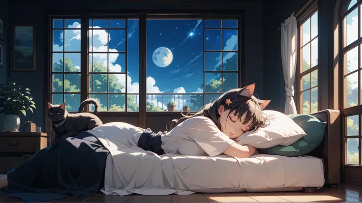  Studio Ghibli 、 girl、cat、 sleeping、 dark room、window、Starry sky outside