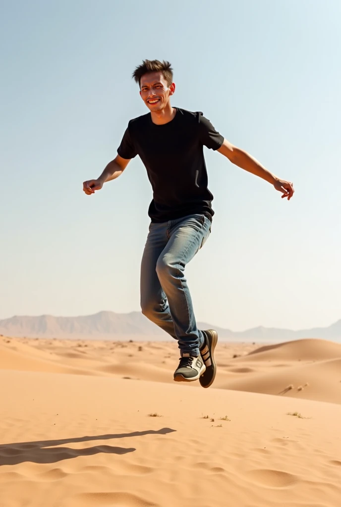 Wearing a plain black t-shirt jeans sports shoes jumping in the Sahara desert