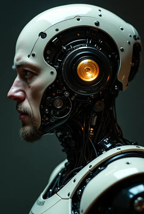 "A hyper-realistic cyberpunk android photo. A 40 year old male, a perfect blend of human and machine. The right side of the android's face is organic, with light skin, fine facial hair and realistic shadows that add depth. The left side is completely mecha...