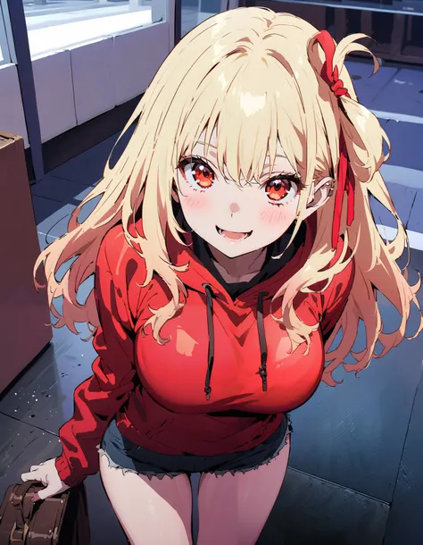 smile,blush, open your mouth, red eyes,