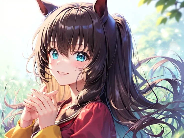 (masutepiece.top-quality:1.3)、1 girl in、Brown Long Hair、Horse-eared girl、Brown horse tail、Red clothes、Red skirt、Hair is fluttering、Raking up your hair、 smiles,  turn eyes,  eyes sparkle, No nose, 走る
Spread your hands