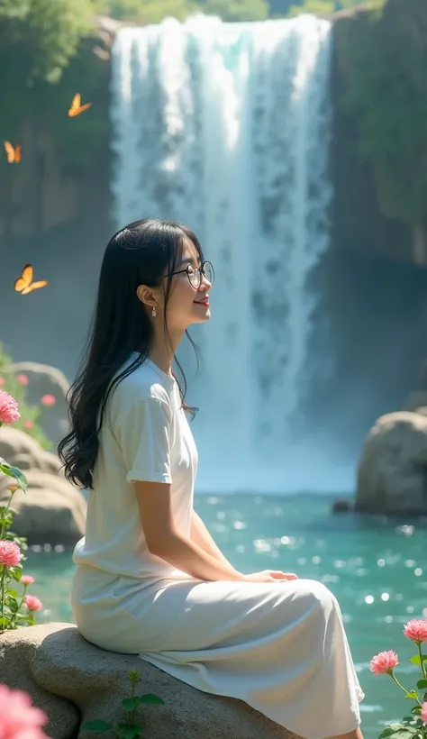 4d image of a Korean face woman sitting on a rock at a waterfall. She wore a white t-shirt and white skirt, round glasses. Her long black, light blue hair was styled in loose waves and flowed down her shoulders. He wore a smiling expression on his face and...