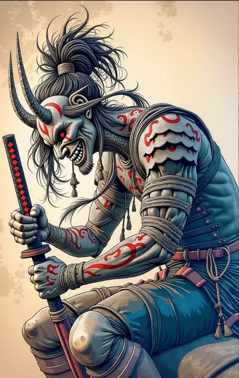 Create a colorful bold line vector illustration of A fierce warrior, adorned in traditional Japanese armor, sits in a dynamic pose. His face is partially obscured by a menacing, ornate mask featuring exaggerated horns and intricate designs. The warrior's h...