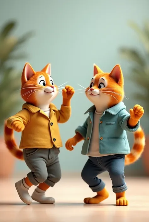 Two dancing 3D cats in pants and shirt

