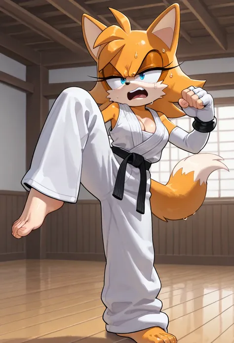 masterpiece, best quality, amazing quality, very aesthetic, absurdres, source furry, ((Fiona The Fox)), ((short body)), half closed eyes, cyan eyes, blue eye makeup, (deep frown), (very angry expression), indoors, dojo background, dojo training mats, weari...