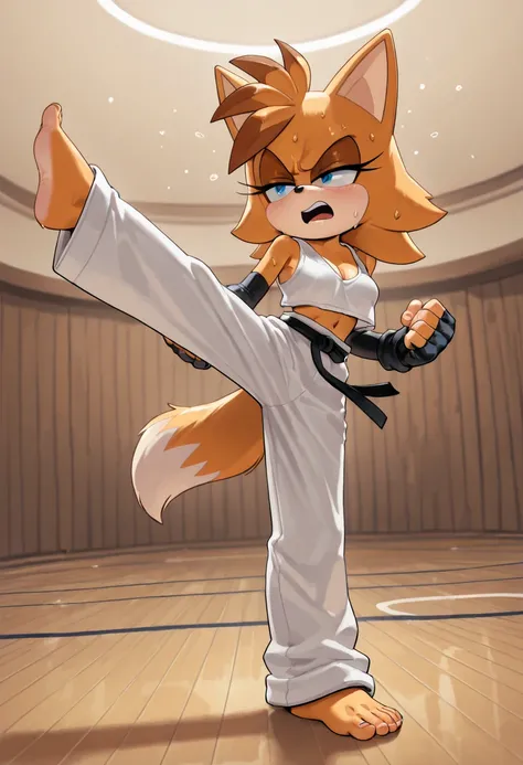 masterpiece, best quality, amazing quality, very aesthetic, absurdres, source furry, ((Fiona The Fox)), ((short body)), half closed eyes, cyan eyes, blue eye makeup, (deep frown), (very angry expression), indoors, dojo background, dojo training mats, weari...