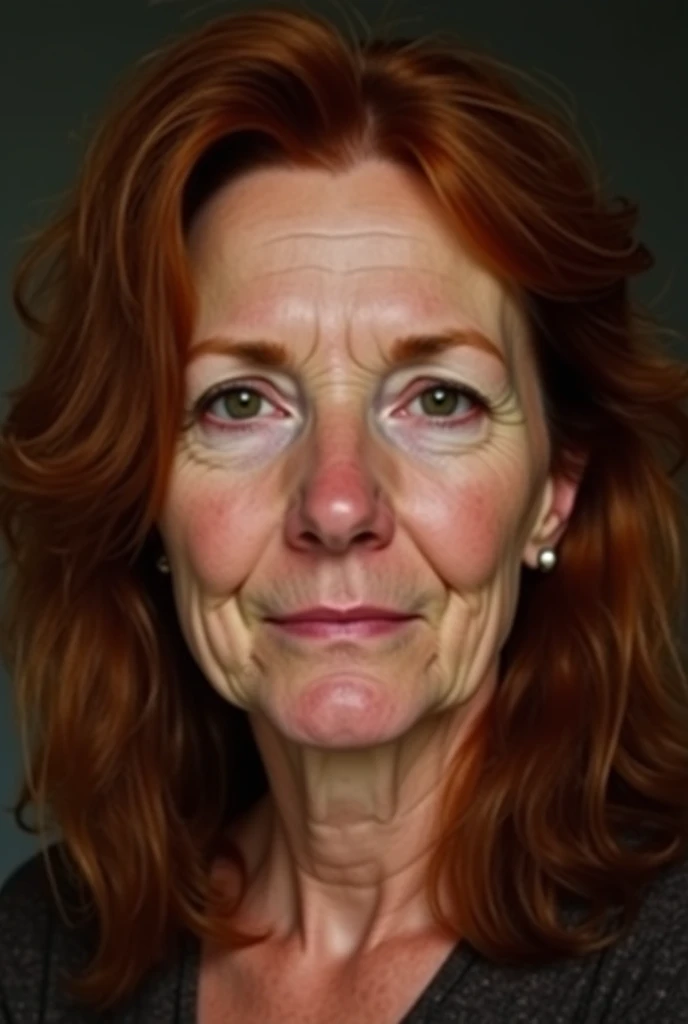 is a woman with a fairly normal appearance, with auburn hair that falls gently over her shoulders, slightly unkempt with age. Her skin has subtle signs of aging, with faint wrinkles around her eyes and mouth, revealing years of worry and tenderness. Her ey...