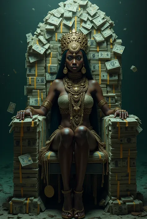 Create an image of a dark skin mami wata with ankle on her throne called money throne