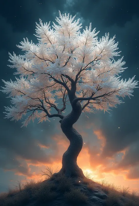 (( top quality、's greatest masterpiece、 Official Art、CG illustration、8k))、 White snowflake-like flowers blooming on one big tree、 Diamond Sparkle Scattering 、 Fantastic Illustration Background 、Tree of Hope in the Dark Warm Background 