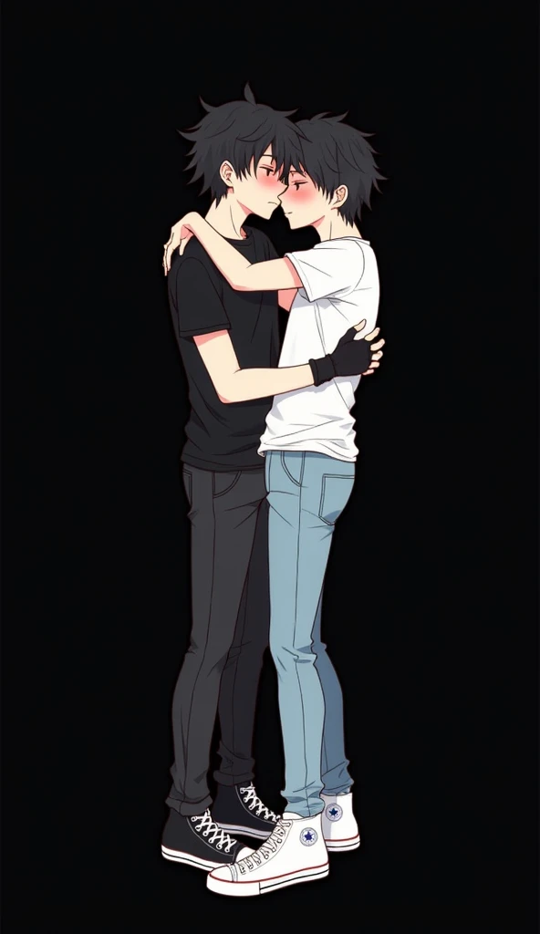 Can you draw two anime guys hugging intimately

1st guy with black messy hair wearing a black fingerless gloves, black T-shirt, black skinny jeans and black high-cut converse shoes.

2nd guy with black messy hair wearing white T-shirt, light blue skinny je...