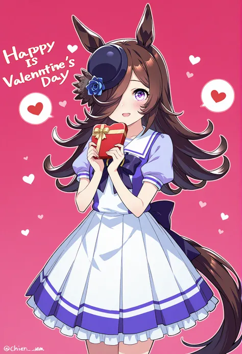 deTailed eyes,     girl,     rice shower  (Uma Musume),     horse ears,   animal ears,     her hair is down until she covers her eyes, horse Tail,   horse    girl , Tail, length、 Valentine's Day 、 is bashful、 chocolate、indoor