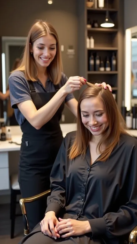 Ultra-realistic photo of a young woman, age 25–30, getting her hair styled at a trendy salon, smiling naturally, modern interior design, Jwayzs-branded hair products on the counter, soft indoor lighting, --ar 9:16 --v 6