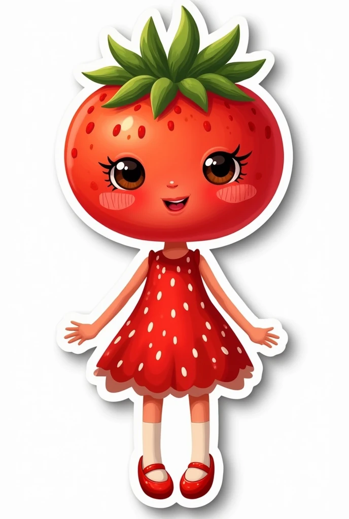 Sticker, the anthropomorphic hero of the Cipollino fairy tale :  is a girl with a head in the form of a strawberry ,  In a red dress,  with white dots , naïve style, the sticker is surrounded by a 15 px white outline,  tomato on the best quality white 