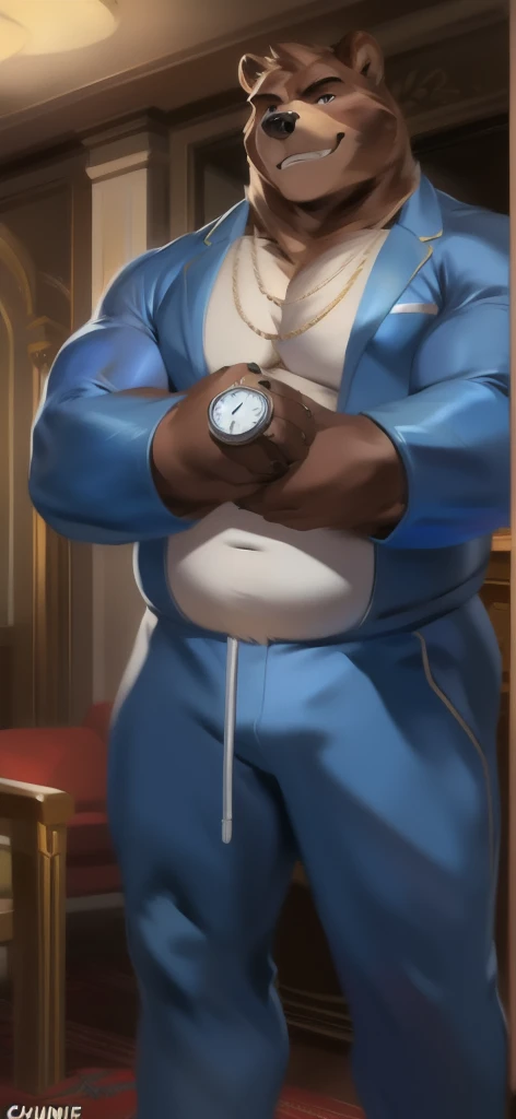  alone , Male tall , Big torso ,Standing , The room is empty.,​bear ,Holding a clock club., portrait pose, Blue Military Spacesuit,  Overweight ,  Muscle Bundle, Smirk, by chunie 