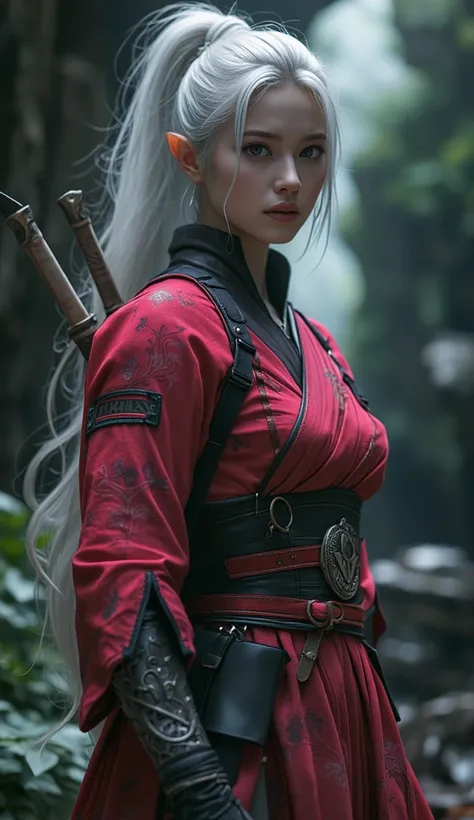 Genuine、 rating safety 、 high resolution images、 Masterpiece、最 high quality、 high quality、 very detailed、More Information、 Sharp Details 、Female Elf Ninja、 with silver hair tied together at a high position、Ninja costume that looks like a red kimono 、Ninja ...