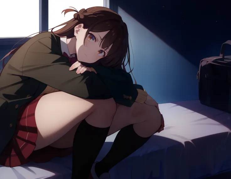  Staring at the Audience, Alone, Chizuru Ichinose, 1 girl, brown hair, long hair, french braid, brown eyes,  school's, green jacket, yellow sweater , bow tie,  Plaid Skirt , red skirt,  BLACK SOCKS, In a completely dark infirmary, bed,  window_,Midnight ci...