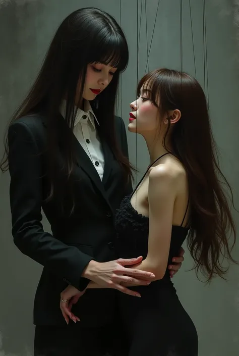 Brown-haired Korean woman wearing an elegant tight dress being manipulated as a puppet by a woman in a shady black suit with bangs of eyes and a perverse smile,  Long hair 