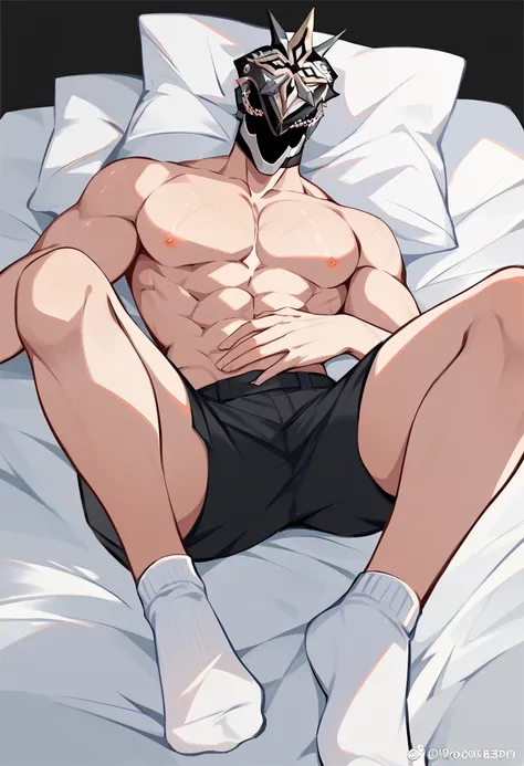 Genshin Impact II Capitano, shirtless, showing off his chest and abdominal muscles, wearing black shorts and white socks, lying on the bed