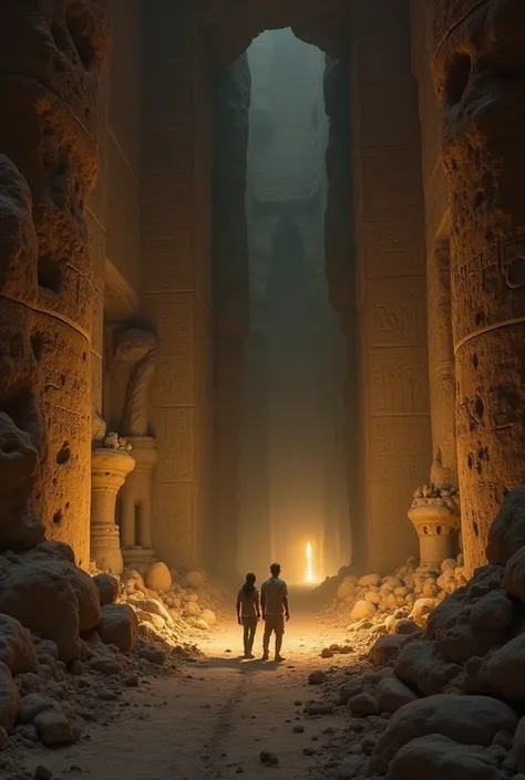 Prompt: A cavernous chamber with high, jagged rock walls covered in faded murals and hieroglyphs. Dusty, broken artifacts lie scattered around. Hamza and Zain, with their flashlights, explore cautiously. The air is thick with suspense, and in the distance,...