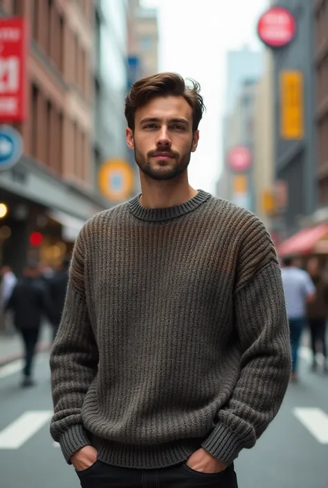 25 years old Charismatic man wearing a sweater and he is standing on street 