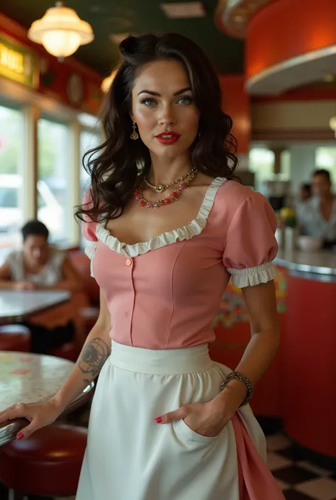 Megan Fox [FLUX] Woman in 1950s attire, posing in a classic diner, vintage aesthetic, warm tones, nostalgic atmosphere