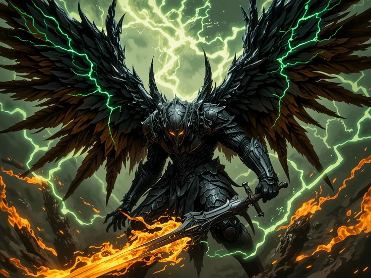 "A fallen knight mid-transformation, his once-golden wings now shifting into massive dark feathers crackling with green energy. His armor morphs into black steel, his sword burning with a sinister glow, and a powerful storm raging around him."