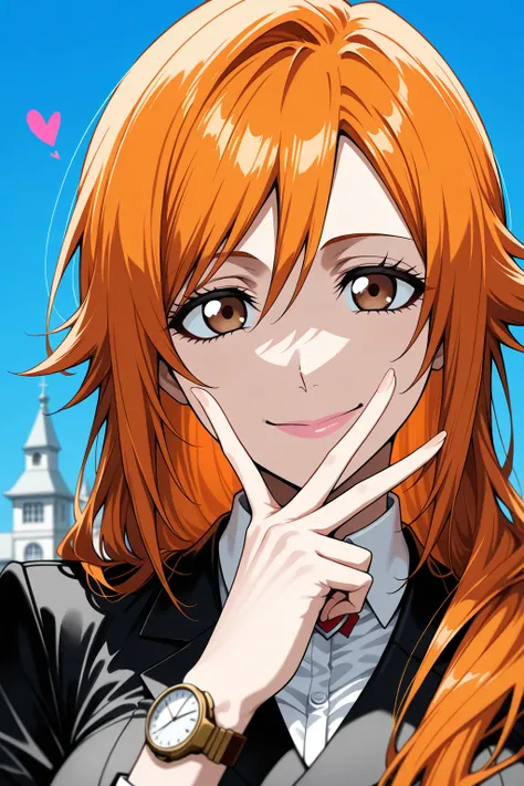  Masterpiece,  top quality, amazing quality,  Very Aesthetic,   is ridiculous,  latest, scenery, very detailed, Hi-Res,,woman,woman,Orihime Inoue, bleach, orange hair, long hair, brown eyes, white skin,Shiny texture , pink lips,  white collar shirt, simple...