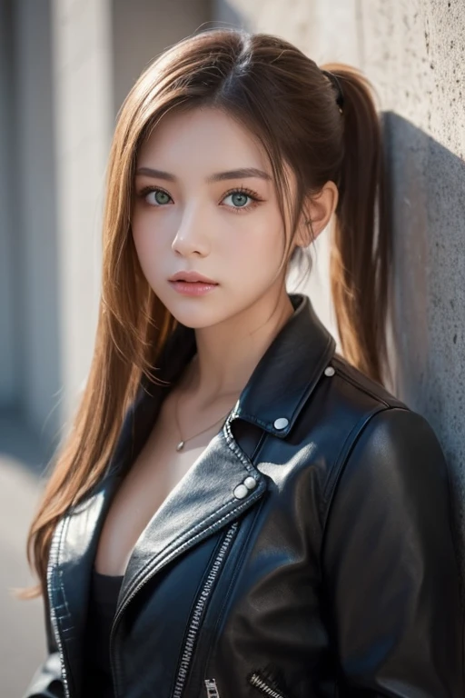   One Girl , Alone, face,   portrait ,   long hair,   ponytail,  blondes,   green eyes,   big breasted  , (  black leather jacket :1.2) ,   clevis on a stone,  School,  Empty ,    Stares at Viewers  , 