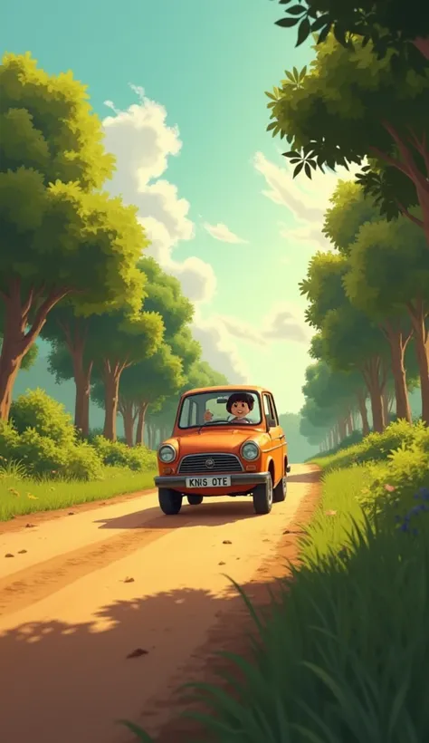 bright summer morning. A small car moves through a rural road lined with trees. Shot 2: Inside the car, Turjo, a  boy, looks excitedly out of the window. Shot 3: His mother smiles at him. Dialogue: Mom: “We’re almost there, Turjo. Are you excited?” Turjo: ...