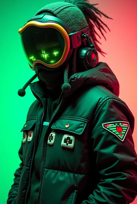 A unique gaming-inspired character,  including additional references to representative game genres and systems {x} designed to represent the gaming era from the 1980s to the 2010s. The character has glowing neon green goggles or a visor with pixelated effe...